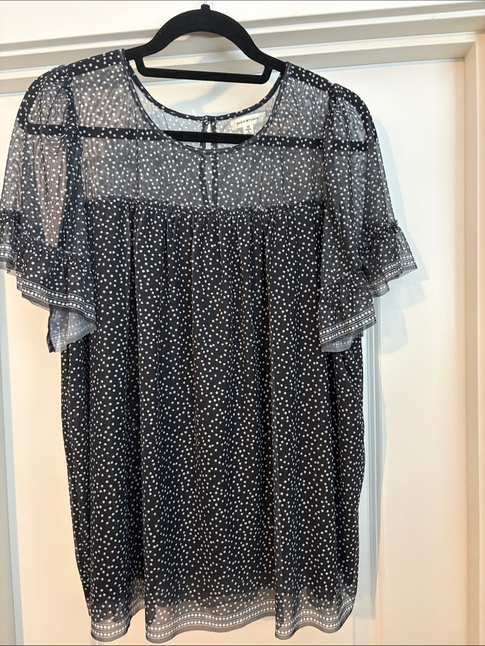 Max Studio Black Mesh Polka Dot Top